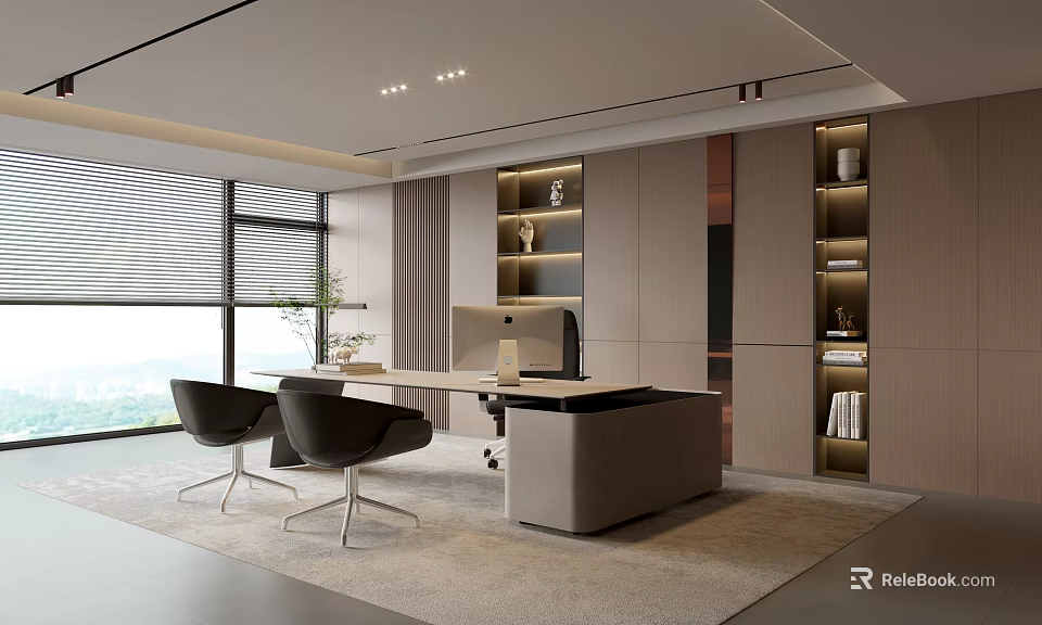 Modern Office Interior Featuring Large Windows Desk Chairs Plants And Shelves View 3d model 
