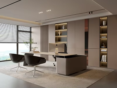 Modern Office Interior Featuring Large Windows Desk Chairs Plants And Shelves View 3d model