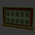 Vintage Wooden Screen with Brown Frame and Geometric Pattern Glass Panels