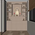 Modern Buddhist Shrine Cabinet With Buddha Statue Candles Wooden Shelves And Soft Lighting