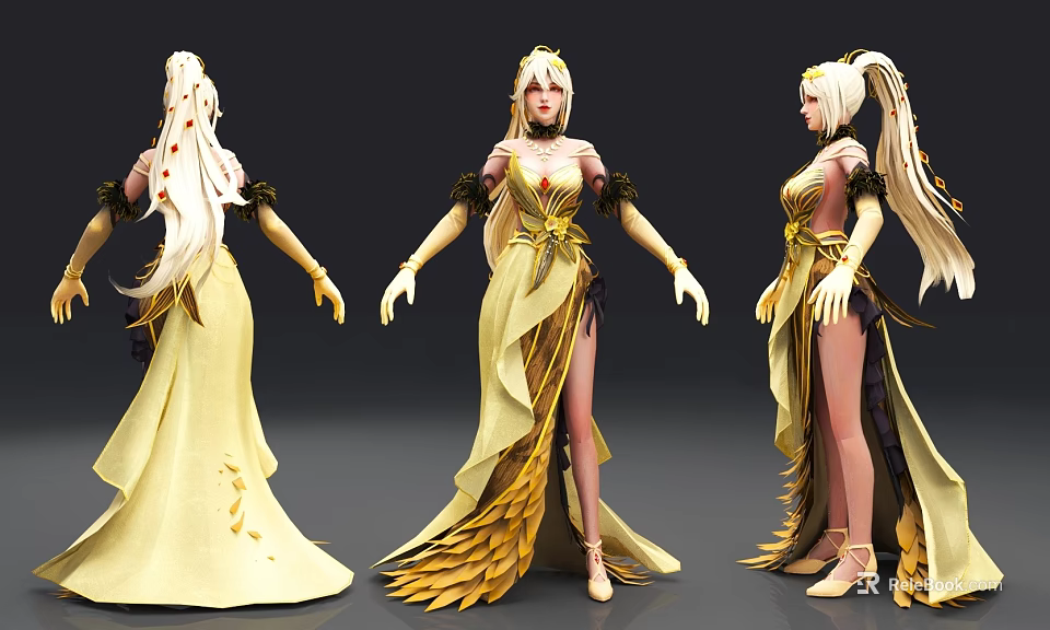 Woman in Elegant Yellow Long Dress with Golden Hair and Feather Details 3d model 