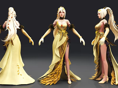 Woman in Elegant Yellow Long Dress with Golden Hair and Feather Details 3d model