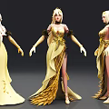 Woman in Elegant Yellow Long Dress with Golden Hair and Feather Details