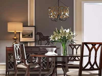 Classic Style Dining Table Set With Carved Chairs Decorative Chandelier And Flower Vase 3d model