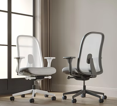 Two Modern Office Chairs in Light and Dark Gray with Mesh Backrests Armrests and Wheels 3d model