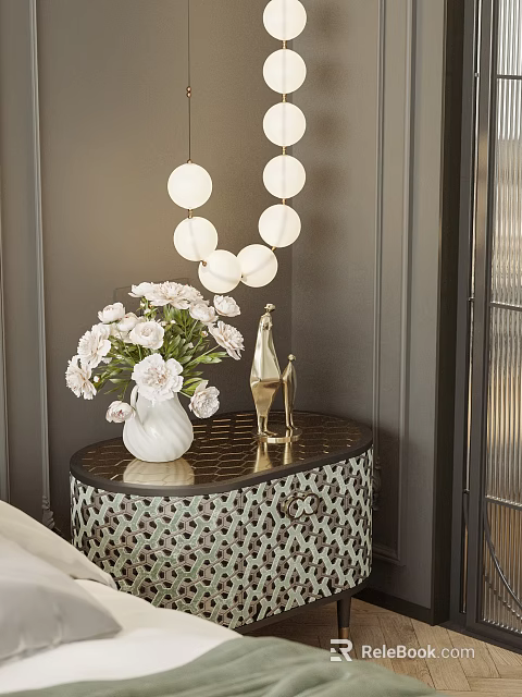 Stylish Bedside Table With Black Tabletop White Vase Flowers And Golden Decor 3d model 