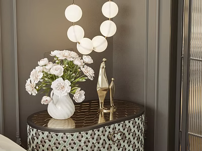Stylish Bedside Table With Black Tabletop White Vase Flowers And Golden Decor 3d model