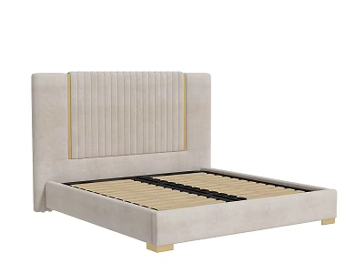 Beige Upholstered Double Bed With Vertical Tufted Headboard Gold Trim And Wooden Slats 3d model