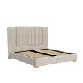 Beige Upholstered Double Bed With Vertical Tufted Headboard Gold Trim And Wooden Slats