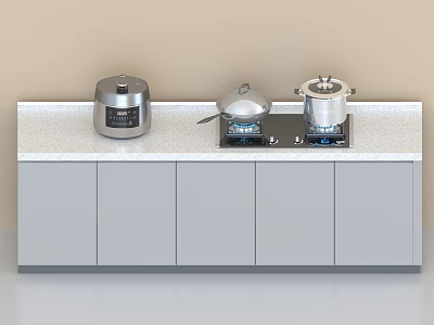 Kitchen Countertop With Cooking Pots And Electric Pressure Cooker On Gas Stove And Grey Cabinets 3d model