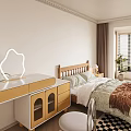 Modern Bedroom Interior With Wooden Bed Bedding Nightstand Lamp Window Plant And Checkered Rug