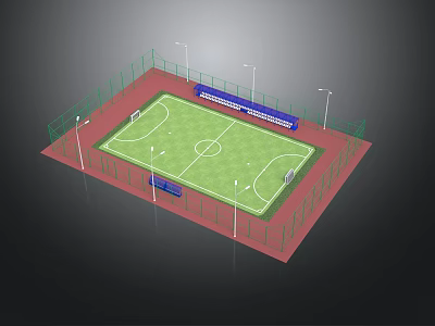 Football Field Sports Facility With Green Lawn White Lines Red Track Blue Seats Green Fence 3d model