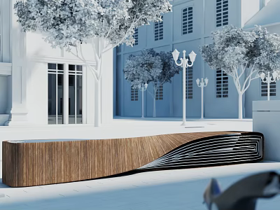 Wooden Outdoor Chair With Modern Design In Park Plaza Near White Building And Trees Around 3d model