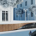 Wooden Outdoor Chair With Modern Design In Park Plaza Near White Building And Trees Around