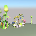 Colorful Garden Flowers And Plants With Green Stems Leaves And Decorative Mushrooms