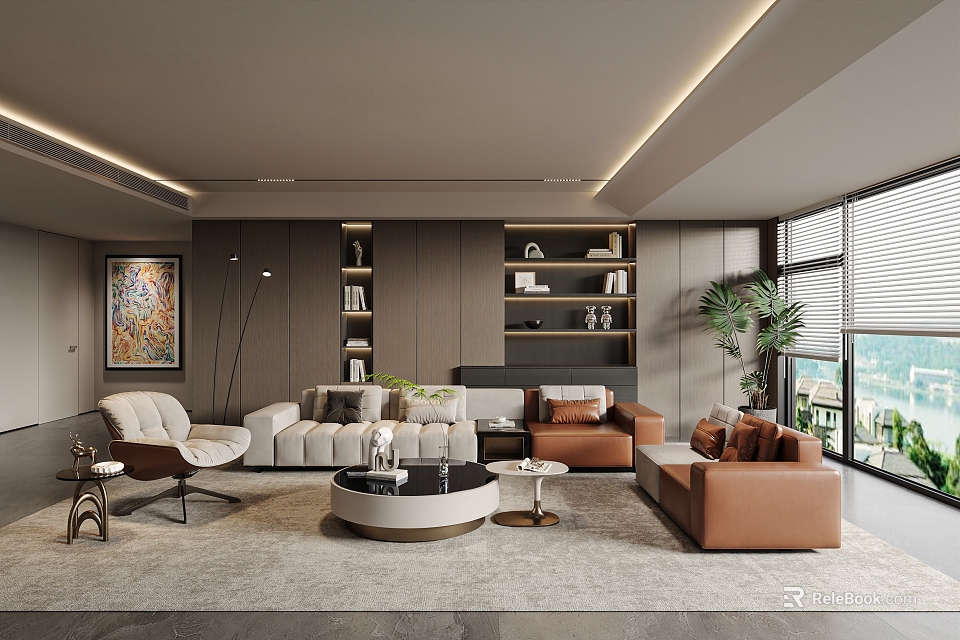 Modern Living Room Interior Design With Neutral Sofas Round Coffee Table Bookshelves And Large Windows 3d model 