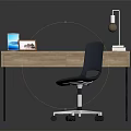 Wooden Office Desk With Black Chair Table Lamp Books Photo Frame And Tablet