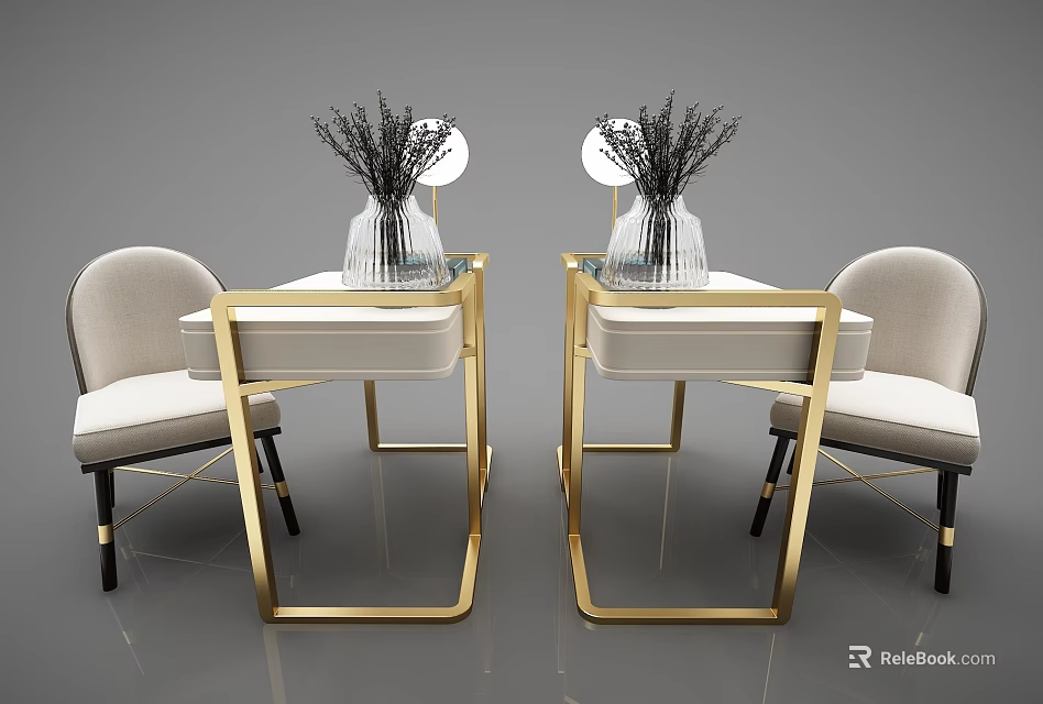 Modern Desks with Golden Frame White Tabletop Vases Holding Dried Flowers and Chairs 3d model 