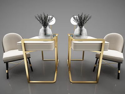 Modern Desks with Golden Frame White Tabletop Vases Holding Dried Flowers and Chairs 3d model