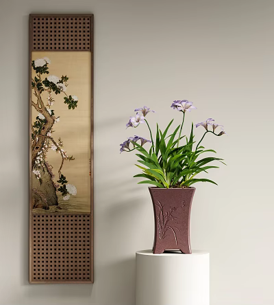 Elegant Purple Ceramic Vase With Purple Orchid Flowers And Green Leaves Against Chinese Painting Background 3d model