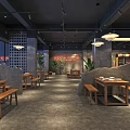 Hotpot Restaurant Interior Design With Wooden Tables Benches Hanging Lamps And Green Plants
