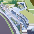 Modern Commercial Street With Modern Buildings Paved Road Sidewalks Greenery And Storefronts