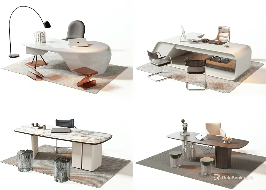Modern Office Desks With Various Styles Chairs Lamps And Storage Drawers 3d model 