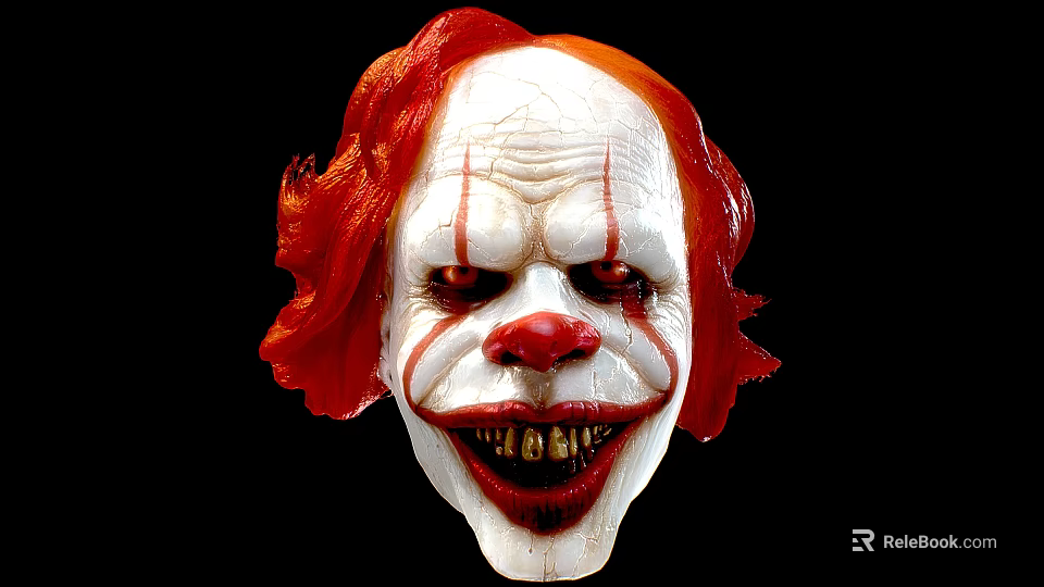 Scary Clown Mask With Red Hair White Face Red Stripes And Yellow Teeth 3d model 