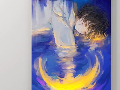 Portrait Painting of a Teenager with Dark Hair Yellow Light Halo on Blue Purple Water 3d model