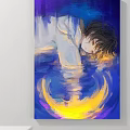 Portrait Painting of a Teenager with Dark Hair Yellow Light Halo on Blue Purple Water