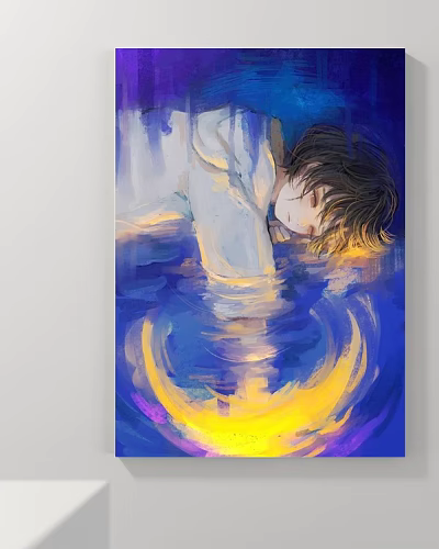 Portrait Painting of a Teenager with Dark Hair Yellow Light Halo on Blue Purple Water 3d model