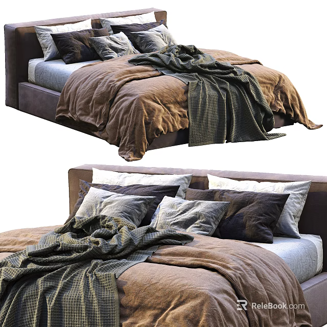 Cozy Double Bed with Brown Gray Blankets and Multiple Pillows on Upholstered Frame 3d model