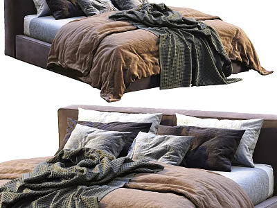 Cozy Double Bed with Brown Gray Blankets and Multiple Pillows on Upholstered Frame 3d model