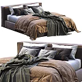 Cozy Double Bed with Brown Gray Blankets and Multiple Pillows on Upholstered Frame 3d model