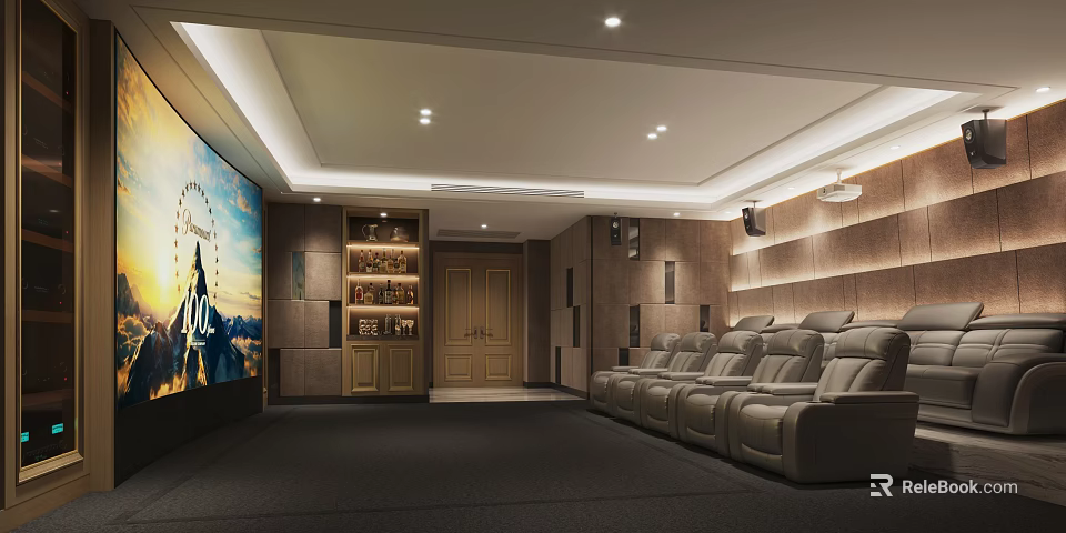 Luxurious Home Theater Room With Large Screen Comfortable Recliner Seats Wooden Walls And Recessed Lighting 3d model 