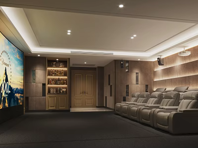 Luxurious Home Theater Room With Large Screen Comfortable Recliner Seats Wooden Walls And Recessed Lighting 3d model