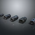 Metal Mechanical Parts Industrial Connectors Arranged On Gray Background With Reflective Surface