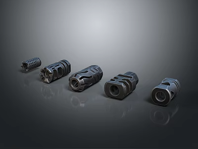 Metal Mechanical Parts Industrial Connectors Arranged On Gray Background With Reflective Surface 3d model