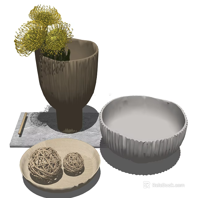 Modern Decorative Ornament Set Featuring Textured Vase Bowl And Woven Balls 3d model 