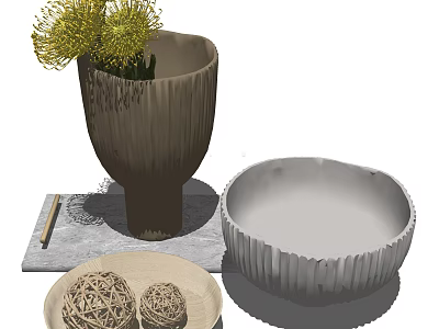 Modern Decorative Ornament Set Featuring Textured Vase Bowl And Woven Balls 3d model