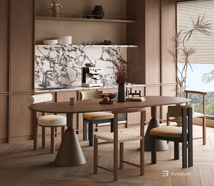 Elegant Wooden Restaurant Interior With Marble Backdrop Dining Table Chairs Decorative Plants And Natural Light 3d model 
