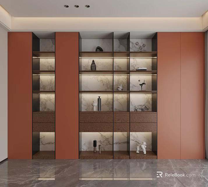 Modern Luxury Bookcase With Marble Backdrop Glass Doors And Decorative Items 3d model 