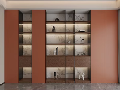 Modern Luxury Bookcase With Marble Backdrop Glass Doors And Decorative Items 3d model