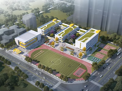 Modern School Building Complex With Green Roofs Football Field Track And Trees 3d model
