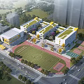 Modern School Building Complex With Green Roofs Football Field Track And Trees