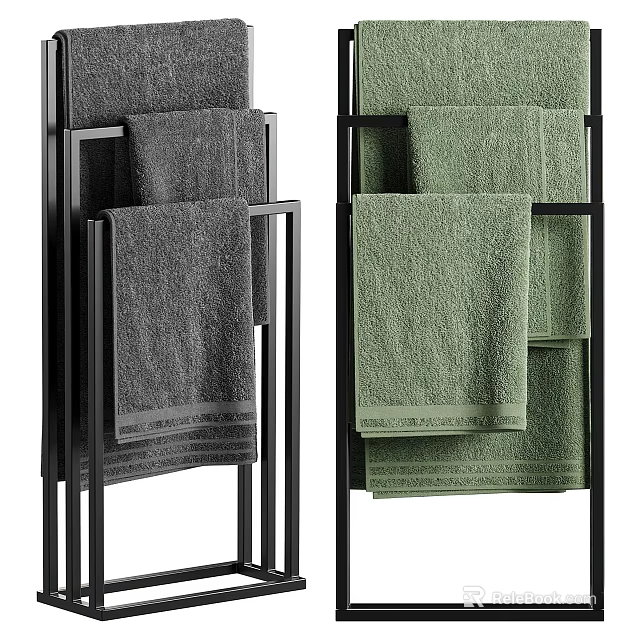 Gray And Green Towels On Black Racks 3d model 