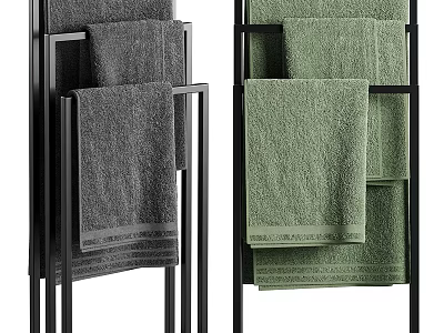 Gray And Green Towels On Black Racks 3d model