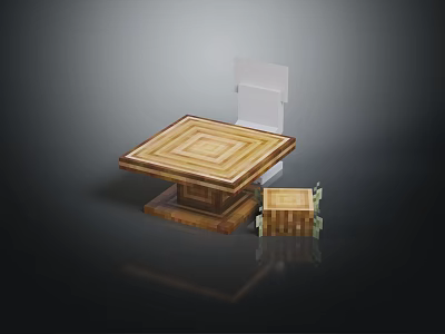 Wooden Square Table With Geometric Pattern Surface Small Cabinet And White Backrest Chair Design 3d model