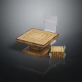 Wooden Square Table With Geometric Pattern Surface Small Cabinet And White Backrest Chair Design