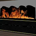 Modern Built in Fireplace Design With Flames On Black Countertop And Wooden Cabinets